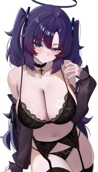 1girl absurdres bare_shoulders black_bra black_garter_belt black_halo black_panties black_thighhighs blue_archive blue_eyes blue_hair blush bra breasts choker cleavage closed_mouth cross cross_choker detached_sleeves fingernails floral_print floral_print_bra floral_print_panties garter_belt garter_straps grey_nails hair_between_eyes hair_ornament halo highres large_breasts long_hair looking_at_viewer mcbox nail_polish navel panties print_panties red_pupils see-through_clothes see-through_sleeves shiny_skin simple_background skindentation solo stomach thighhighs thighs triangle_hair_ornament two_side_up underwear white_background yuuka_(blue_archive)