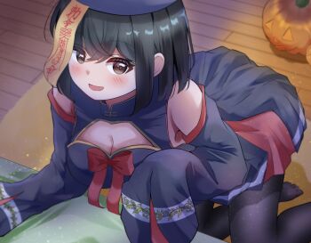 Rule 34 | 1girl, black hair, black pantyhose, blush, bob cut, breasts, china dress, chinese clothes, cleavage, commentary request, detached sleeves, dress, grey eyes, halloween, halloween costume, hat, highres, jack-o'-lantern, jiangshi, jiangshi costume, k1kojima, long sleeves, looking at viewer, ofuda, ofuda on head, original, pantyhose, qingdai guanmao, short hair, sleeves past fingers, sleeves past wrists, smile, solo, suzunatsu ichiha