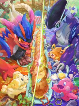 :d animal_focus artist_request bacon ball bell_pepper bell_pepper_slice black_sclera blue_eyes bread claws closed_eyes colored_sclera dragon fidough food forked_tongue fruit gen_1_pokemon grass holding holding_food kiwi_(fruit) kiwi_slice koraidon miraidon naranja_academy_(emblem) nintendo no_humans non-humanoid_robot official_art on_table open_mouth pawmi picnic picnic_basket picnic_table pikachu pixel_eyes plate pokemon pokemon_(creature) pokemon_focus pokemon_home pokemon_sv red_eyes robot robot_animal sandwich sausage smile soccer_ball split_screen strawberry strawberry_slice submarine_sandwich table tablecloth third-party_source tinkatink tongue tongue_out uva_academy_(emblem) yellow_sclera