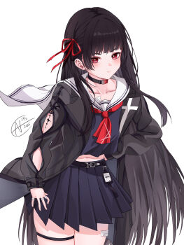1girl absurdres arm_cutout bad_id bad_pixiv_id black_choker black_hair black_jacket black_serafuku black_shirt black_skirt blush chisa_(wuthering_waves) choker closed_mouth clothing_cutout collarbone commentary dated fanchin hair_ribbon hand_on_own_hip highres jacket long_hair long_sleeves looking_at_viewer midriff navel red_eyes red_ribbon revision ribbon sailor_collar school_uniform serafuku shirt simple_background skirt solo tacet_mark_(wuthering_waves) thigh_strap thighs white_background white_sailor_collar wuthering_waves