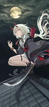 1girl absurdres bead_bracelet bead_necklace beads black_kimono black_socks bracelet commentary_request demon_horns expressionless fingernails full_body full_moon geta highres horns japanese_clothes jewelry katana kimono long_hair looking_at_viewer moon necklace on_roof original red_nails socks solo squatting suru_(seiya) sword tabi tassel weapon white_hair yellow_eyes