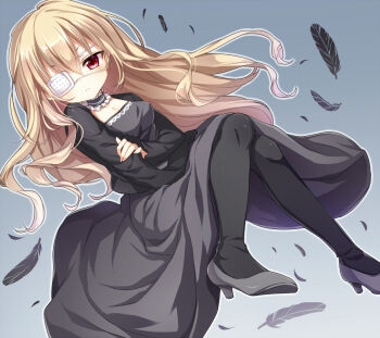 1girl black_choker black_dress black_feathers black_pantyhose black_shoes blonde_hair breasts choker cleavage closed_mouth commentary_request dress duplicate emia_(castilla) eyepatch feathers frilled_choker frills gradient_background grey_background hair_between_eyes hand_on_own_arm high_heels higyaku_no_noel long_dress long_hair long_sleeves looking_at_viewer looking_to_the_side medical_eyepatch medium_breasts noel_cerquetti pantyhose pixel-perfect_duplicate red_eyes shoes short_eyebrows solo