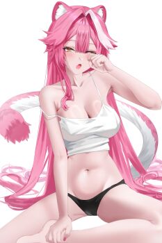 1girl :o absurdly_long_hair absurdres animal_ears bare_shoulders black_panties blush breasts center-flap_bangs cleavage commentary crop_top english_commentary eyeshadow fang foot_out_of_frame groin hair_between_eyes hair_intakes hand_on_own_foot hand_up highres hololive hololive_english large_breasts long_hair makeup multicolored_hair nail_polish navel no_pants one_eye_closed open_mouth panther_ears panther_girl panther_tail panties partially_visible_vulva pink_eyeshadow pink_hair pink_nails raora_panthera shirt simple_background single_sidelock sleeveless sleeveless_shirt solo spaghetti_strap stomach strap_slip streaked_hair tail trixie_(trixiex33) underwear very_long_hair virtual_youtuber white_background white_shirt white_streaks yawning yellow_eyes