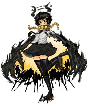 1girl artist_name black_claws black_eyes black_hair black_halo black_hands black_horns black_necktie black_skirt black_thighhighs broken broken_chain cape chain clawed_feet claws collar colored_extremities commentary da_lgurl e.g.o_(project_moon) english_commentary full_body glasses gold_chain gold_collar hair_ornament hairclip halo highres horns limbus_company looking_at_viewer metal_collar necktie oversized_forearms oversized_limbs pleated_skirt procuration_(e.g.o) project_moon round_eyewear shirt short_hair simple_background skirt solo sora_(project_moon) standing standing_on_one_leg thighhighs white_background white_shirt zettai_ryouiki