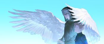 Rule 34 | 2boys, absurdres, banban 2814, blonde hair, blue jacket, chi.: chikyuu no undou ni tsuite, commentary, english commentary, feathered wings, grey hair, happy, highres, hood, hood up, hooded coat, hubert (chi.), jacket, jewelry, male focus, multiple boys, necklace, rafal (chi.), short hair, smile, teeth, wings