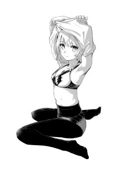 1girl armpits breasts chin_bell closed_mouth commentary_request greyscale looking_at_viewer medium_breasts mio_(xenoblade) monochrome navel no_shoes panties panties_under_pantyhose pantyhose simple_background sitting smile solo underwear undressing wariza white_background xenoblade_chronicles_(series) xenoblade_chronicles_3