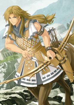 Rule 34 | 1boy, armband, armor, arrow (projectile), blonde hair, blue eyes, blue sash, blue scarf, bow (weapon), breastplate, centaur, chiron (fate), closed mouth, curtained hair, dutch angle, fate/grand order, fate (series), feet out of frame, gold armor, hair tie, holding, holding arrow, holding bow (weapon), holding weapon, konoe ototsugu, long hair, looking at viewer, low-tied long hair, male focus, official art, quiver, sash, scarf, sleeveless, smile, solo, taur, third-party source, toned, toned male, tunic, v-shaped eyebrows, variant set, weapon, white tunic, wristband