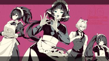 1boy 3girls absurdres alternate_costume animal_ears apron blunt_bangs bow braid buttons cat_boy cat_ears commentary_request double-breasted dress enmaided frilled_apron frills greyscale greyscale_with_colored_background hair_bow hair_ribbon heart heart_hands highres jane_doe_(zenless_zone_zero) juliet_sleeves long_hair long_sleeves maid maid_apron maid_headdress mikami_michael monochrome mouse_ears multiple_girls necktie ponytail puffy_short_sleeves puffy_sleeves qingyi_(zenless_zone_zero) ribbon seth_lowell short_sleeves side_braids sleeves_rolled_up spot_color twintails vest waist_apron watermark white_apron wolf_cut wrist_cuffs zenless_zone_zero zhu_yuan