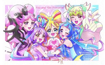 Rule 34 | 5girls, absurdres, ahoge, aokaze nana, bare shoulders, blonde hair, blue bow, blue dress, blue eyes, blue hair, blush, bow, bracelet, braid, breasts, bridal gauntlets, choker, commentary request, cure idol, cure kiss, cure kyunkyun, cure wink, cure zukyuun, detached sleeves, diamond-shaped pupils, diamond (shape), double-parted bangs, dress, earrings, elbow gloves, eyelashes, four-finger heart hands, frilled dress, frilled sleeves, frills, gloves, gradient hair, hair between eyes, hair bow, hair ornament, hair ribbon, hairband, happy, headset, heart, heart-shaped lock, heart hair ornament, heart hands, highres, idol heart incom, jewelry, kimi to idol precure, long hair, looking at viewer, magical girl, medium breasts, meroron (precure), midriff, momo02634, multicolored hair, multiple earrings, multiple girls, multiple hair bows, musical note, one eye closed, one side up, open mouth, overskirt, parted bangs, pearl earrings, pink dress, pink hair, pink streaks, plaid bow, plaid clothes, plaid skirt, ponytail, precure, purirun (precure), purple bridal gauntlets, purple choker, purple eyes, purple hair, purple overskirt, purple skirt, purple streaks, reaching, reaching towards viewer, ribbon, sakura uta (precure), shigure kokoro, short sleeves, sidelocks, single bare shoulder, skirt, skirt bow, sleeveless, sleeveless dress, smile, strapless, strapless dress, streaked hair, symbol-shaped pupils, tanaka meron, tanaka purin, teardrop earrings, twin braids, twintails, two-tone hair, very long hair, wavy hair, white dress, white hairband, white sleeves, yellow eyes