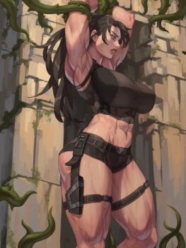 1girl abs armpits arms_up belt belt_buckle biceps black_belt bound bound_arms breasts brown_hair buckle crop_top day feet_out_of_frame from_side gloves green_eyes holster huge_breasts impossible_clothes impossible_shirt lara_croft lips long_hair looking_down messy_hair micro_shorts midriff muscular muscular_arms muscular_female muscular_legs outdoors parted_lips ruins shirt short_shorts shorts sleeveless sleeveless_shirt solo standing stomach sweat tank_top thick_thighs thigh_holster thigh_strap thighs tomb_raider two-tone_shirt two-tone_shorts xxoom