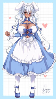 1girl absurdres alternate_costume animal_ear_hairband animal_ears apron blue_background blue_dress breasts center_opening dark-skinned_female dark_skin dress fake_animal_ears full_body gradient_nails grey-framed_eyewear hairband highres jewelry kantai_collection large_breasts long_sleeves looking_at_viewer maid mashiro_yukiya musashi_(kancolle) musashi_kai_ni_(kancolle) pantyhose pointy_hair rabbit_ears rectangular_eyewear rimless_eyewear ring semi-rimless_eyewear solo wedding_ring white_background white_pantyhose