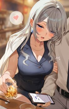 1boy 1girl absurdres alcohol blush breasts cellphone chopsticks cleavage collarbone commentary_request cup drinking_glass drunk grey_hair heart highres holding holding_cup holding_phone jewelry large_breasts long_hair looking_at_viewer monoto necklace necktie office_lady open_mouth original phone purple_eyes shirt solo spoken_heart white_shirt