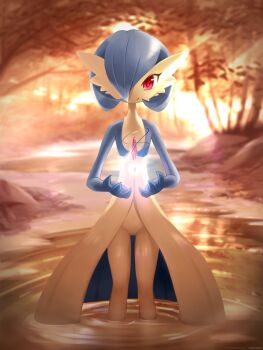 Rule 34 | 1girl, absurdres, alternate color, alternate eye color, ancesra, artist name, blue skin, blurry, blurry background, bob cut, closed mouth, colored skin, female focus, flat chest, floating, floating object, forest, gardevoir, gen 3 pokemon, glowing, hair over one eye, hands up, happy, highres, jewelry, light rays, mega stone, multicolored skin, nature, necklace, nintendo, outdoors, partially submerged, patreon username, pokemon, pokemon (creature), red eyes, ripples, shiny pokemon, short hair, smile, solo, standing, straight-on, stream, sunlight, sunset, tree, two-tone skin, wading, water, watermark, web address, white skin