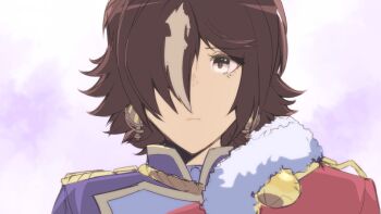 1girl absurdres aiguillette brown_eyes brown_hair close-up closed_mouth cosplay epaulettes frostfiresoul hair_over_one_eye highres horse_girl isurugi_futaba isurugi_futaba_(cosplay) jacket jacket_on_shoulders long_hair looking_at_viewer multicolored_hair red_sash sash shoujo_kageki_revue_starlight shoulder_sash single_stripe solo umamusume vodka_(umamusume) white_hair