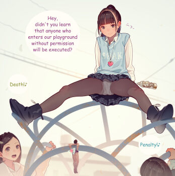 1boy 3girls absurdres age_difference black_footwear black_hair black_skirt blue_sweater_vest blunt_bangs brown_eyes brown_pantyhose casual_murder closed_mouth collared_shirt commentary_request english_text heart heart_necklace highres imminent_death jewelry loli mini_person miniboy muk_(monsieur) multiple_girls necklace open_mouth original panties panties_under_pantyhose pantyhose polka_dot polka_dot_skirt ponytail sadism shirt sidelocks skirt smile speech_bubble spread_legs sweater_vest undershirt underwear white_shirt