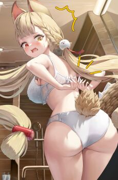 Rule 34 | 1girl, absurdres, alice thymefield, animal ears, ass, blonde hair, blush, bra, braid, breasts, commentary request, cowboy shot, embarrassed, floating hair, from behind, hair ornament, heterochromia, highres, indoors, large breasts, leaning forward, long hair, looking back, notice lines, open mouth, panties, raised inner eyebrows, red eyes, side braid, solo, sphere hair ornament, standing, tail, turning head, twintails, underwear, underwear only, very long hair, white bra, white panties, yellow eyes, yuge (setsura), zenless zone zero