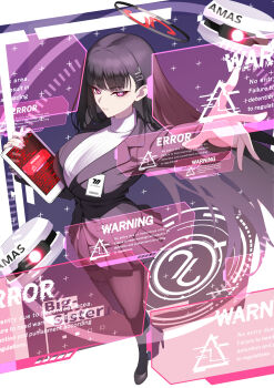 1girl absurdres black_hair black_halo black_pantyhose black_shoes blue_archive breasts bright_pupils english_text error_message full_body hair_ornament hairclip halo highres holding holding_tablet_pc kurosaki_saya large_breasts long_hair looking_at_viewer millennium_science_school_logo mixed-language_commentary multicolored_halo outstretched_arm pantyhose red_eyes ringed_eyes rio_(blue_archive) shoes solo sweater tablet_pc turtleneck turtleneck_sweater two-tone_halo very_long_hair white_pupils white_sweater