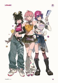 3girls akihare beanie black_hair blonde_hair braid crop_top detached_sleeves earrings fearless fearless_juno fearless_mercy hair_bun hat headphones heart highres holding holding_another&#039;s_arm holding_ticket hoop_earrings jewelry juno_(overwatch) kira-kira_kiriko kiriko_(overwatch) looking_at_viewer mercy_(overwatch) multicolored_hair multiple_girls orange_hair overwatch pants pink_hair purple_hair shorts simple_background skirt ticket two-tone_hair