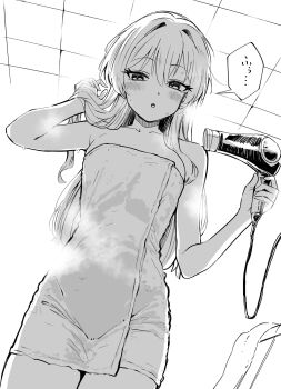 1girl asobimono_ky7 blush breasts commentary_request cowboy_shot drying drying_hair drying_own_hair from_below hair_dryer hair_intakes hand_in_own_hair highres holding holding_hair_dryer long_hair looking_at_viewer monochrome naked_towel original parted_lips small_breasts solo steam towel
