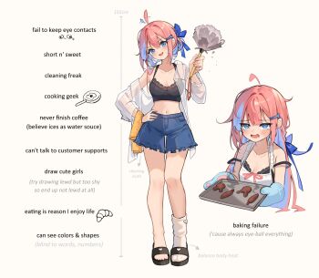 1girl ahoge apron black_tank_top blue_eyes blue_ribbon blue_shorts breasts burnt_food cleavage cookie duster english_text feather_duster food full_body hair_ornament hairclip hand_on_own_hip highres kuri_(animejpholic) long_hair multiple_views navel off_shoulder open_clothes open_mouth open_shirt original oven_mitts pink_hair ribbon sandals shirt shorts single_sock smile socks standing strap_slip tank_top tray white_apron white_shirt white_socks