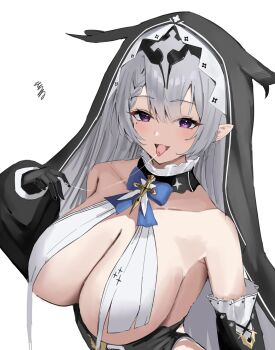 1girl absurdres azur_lane bare_shoulders black_gloves black_veil breast_curtains breasts commentary_request detached_sleeves duguay-trouin_(azur_lane) gloves grey_hair highres large_breasts long_hair looking_at_viewer mole mole_under_eye nun open_mouth piercing purple_eyes simple_background solo soul_(dp11) tongue tongue_out tongue_piercing veil white_background