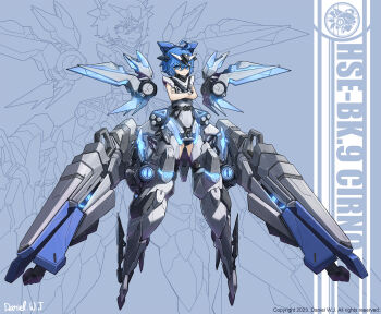 1girl absurdres ahoge blue_eyes blue_hair blue_wings cirno commentary crossed_arms daniel_w.j. energy_gun english_commentary flat_chest full_body highres huge_ahoge huge_weapon long_legs looking_at_viewer mecha_musume mechanical_wings mechanization neon_trim short_hair solo touhou weapon wings zoom_layer