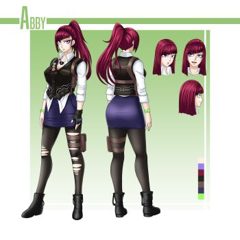 1girl absurdres black_leggings blue_eyes blue_skirt breasts cleavage denim denim_skirt front_and_back hair_down highres leggings long_hair looking_at_viewer open_mouth original ponytail red_hair simple_background skirt smile solo superandyeah torn_clothes torn_leggings