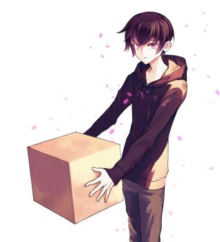 1boy aweto black_hair black_hoodie box commentary_request enderman hood hoodie male_focus minecraft pale_skin pants personification short_hair simple_background solo standing white_background