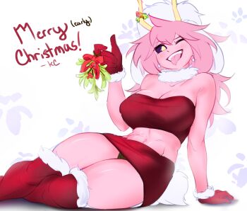1girl ashido_mina bandeau black_sclera boku_no_hero_academia breasts christmas cleavage colored_sclera colored_skin gloves holic_fz large_breasts long_hair looking_at_viewer miniskirt mistletoe muscular muscular_female one_eye_closed pink_hair pink_skin red_skirt skirt smile tongue tongue_out wink yellow_eyes