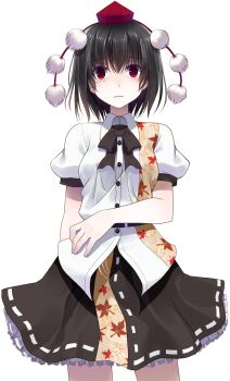 Rule 34 | 1girl, arm behind back, belt, black belt, black bow, black bowtie, black hair, black skirt, blush, bow, bowtie, breasts, buttons, closed mouth, collared shirt, commentary request, cowboy shot, crote, frilled skirt, frills, hand on own hip, hat, highres, large variant set, leaf print, legs apart, looking at viewer, maple leaf print, puffy short sleeves, puffy sleeves, red eyes, red hat, ribbon-trimmed skirt, ribbon trim, shameimaru aya, shirt, short hair, short sleeves, skirt, sleeve cuffs, solo, standing, tachi-e, tokin hat, touhou, transparent background, variant set, white shirt