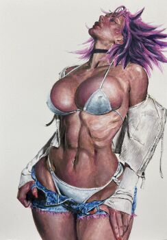 Rule 34 | 1girl, ama (musou1222), bra, breasts, capcom, choker, cleavage, denim, denim shorts, final fight, fingernails, hashtag-only commentary, highres, jacket, large breasts, long fingernails, navel, navel piercing, piercing, pink hair, poison (final fight), red nails, short shorts, shorts, street fighter, thong, toned, underwear