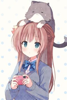 1girl :3 =_= animal animal_on_head aqua_eyes black_cat blue_bow blue_bowtie blush blush_stickers bow bowtie braid bright_pupils brown_hair cat cat_on_head cellphone closed_eyes closed_mouth collared_shirt commentary daitoshokan_no_hitsujikai fujimiya_sakuya gizaemon grey_sweater hair_bow half_up_braid hands_up highres holding holding_phone long_hair looking_up on_head orange_bow phone plaid_bow plaid_bowtie plaid_clothes sanpaku shirt sidelocks sleeves_past_wrists smartphone smile solo straight_hair sweater takepoison upper_body white_shirt