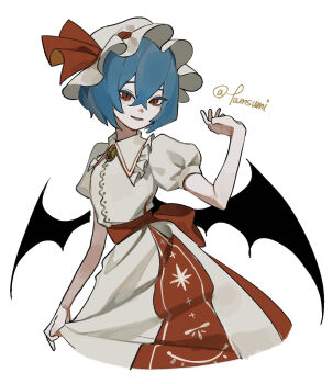 Rule 34 | 1girl, artist name, bat wings, clothes pull, commentary request, crossed bangs, cursive, dee (tannsumi), dress, dress tug, frilled hat, frills, hair between eyes, hand up, hat, hat ribbon, highres, mob cap, purple hair, red dress, red eyes, red ribbon, remilia scarlet, ribbon, short hair, signature, simple background, solo, touhou, twitter username, waist ribbon, white background, wings