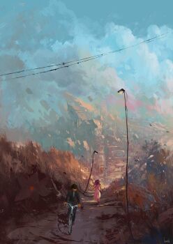 1boy 1girl bare_tree bicycle day grass hill lamppost morning original path power_lines road scenery shadow slow_d sunlight tree utility_pole