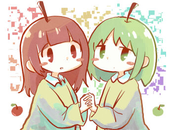 2girls absurdres apple blush_stickers commentary dated_commentary food fruit green_eyes green_hair highres holding_hands long_sleeves multiple_girls nerutti original personification red_eyes red_hair upper_body