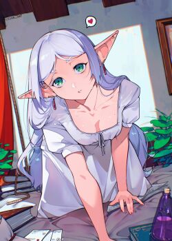 1girl all_fours breasts cesar_art456 commentary elf frieren green_eyes grey_hair highres indoors long_hair looking_at_viewer pointy_ears small_breasts solo sousou_no_frieren