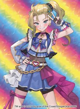 Rule 34 | 1girl, 2025, black gloves, black shorts, blonde hair, blue eyes, blue skirt, clenched teeth, copyright notice, covered navel, duel masters, earrings, fingerless gloves, gloves, hair ornament, heart collar, high side ponytail, hitowa, idol clothes, jacket, jewelry, leg ribbon, long hair, official art, open clothes, open jacket, pink nails, pink ribbon, rainbow background, ribbon, shirt, shorts, shorts under skirt, skirt, smile, solo, teeth, thigh ribbon, v, v over eye, white jacket, white shirt, yomesawa akane