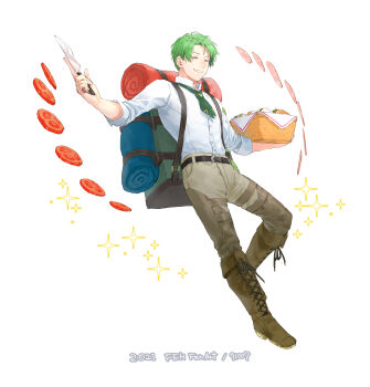 1boy 91007 absurdres alternate_costume boots closed_eyes commentary_request fire_emblem fire_emblem:_path_of_radiance fire_emblem:_radiant_dawn fire_emblem_heroes food green_eyes green_hair ham highres male_focus nintendo oscar_(fire_emblem) picnic_basket short_hair smile tomato tomato_slice