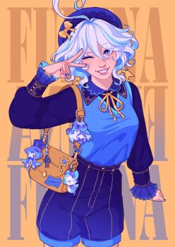 1girl alternate_costume bag bloominflowers blue_eyes blue_hat blue_nails blue_shirt blue_shorts blue_sweater_vest collared_shirt furina_(genshin_impact) genshin_impact grin handbag hat highres looking_at_viewer neck_ribbon one_eye_closed orange_background ribbon shirt shorts smile solo sweater_vest text_background v white_hair