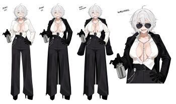 1girl absurdres black_coat black_eyes black_gloves black_pants breasts can chain chain_necklace cleavage coat drink_can gloves hand_on_own_hip high_heels highres jericho_(wabuwabu_05) jewelry large_breasts mole mole_on_breast necklace one_eye_closed original pants partially_open_shirt shirt shirt_partially_tucked_in skull_ornament smoking soda_can sunglasses wabuwabu_05 white_hair white_shirt