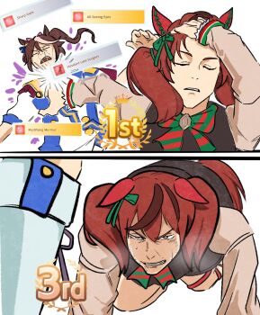 2girls animal_ears brown_hair clenched_teeth closed_eyes commentary defeat english_commentary hand_in_own_hair highres horse_ears horse_girl horse_tail meme multiple_girls naoya_hitting_choso_without_looking_(meme) nice_nature_(umamusume) one_of_agnes_digital red_hair scene_reference simple_background tail teeth tokai_teio_(umamusume) umamusume