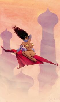 1girl absurdres anklet arabian_clothes barefoot black_hair blue_sleeves blue_veil bracelet breasts dark-skinned_female dark_skin detached_sleeves devilhs gold gold_anklet gold_bracelet gold_pasties highres huge_breasts jewelry long_hair magic_carpet middle_eastern_architecture mouth_veil navel original outdoors pasties revealing_clothes see-through_clothes see-through_sleeves sitting solo veil