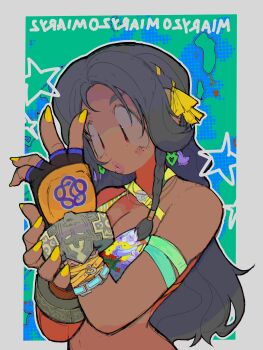 absurdres bikini border commentary dark-skinned_female dark_skin fingerless_gloves floral_print floral_print_bikini gloves highres long_hair miary_zo print_bikini pyoko_(sandwicha) swimsuit tekken tekken_8 yellow_nails