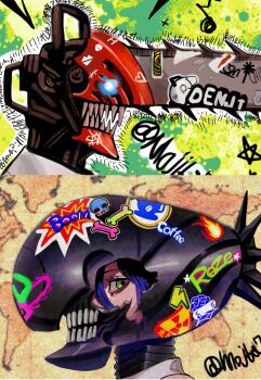 1boy 1girl bomb bomb_devil_(chainsaw_man) chainsaw chainsaw_man denji_(chainsaw_man) dynamite explosive highres mojiba7 nuclear_weapon object_head reze_(chainsaw_man) sharp_teeth teeth