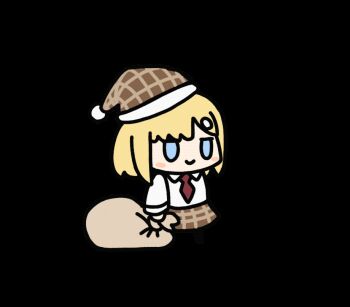 1girl animated animated_gif bag blonde_hair blue_eyes blush_stickers brown_hat brown_skirt chinese_commentary commentary dress_shirt english_commentary fur-trimmed_headwear fur_trim fuwafuwa_35 hat holding holding_bag holding_sack hololive hololive_english jitome looping_animation meme mixed-language_commentary necktie padoru_(meme) plaid_clothes plaid_headwear plaid_skirt red_necktie sack santa_hat shirt skirt smile solo transparent_background virtual_youtuber watson_amelia white_shirt wing_collar