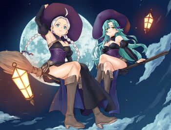 2girls absurdres ahoge alternate_costume aqua_hair bare_shoulders blue_eyes boots bow braid breasts broom broom_riding chloe_(fire_emblem) cleavage commission commissioner_upload cosplay detached_collar earrings fire_emblem fire_emblem_engage fire_emblem_fates fold-over_boots full_body full_moon green_eyes hair_bow hair_ribbon halloween halloween_costume highres jewelry knee_boots lantern large_breasts leather leather_boots long_hair looking_at_viewer low_twin_braids low_twintails medium_breasts moon multiple_girls night night_sky nina_(fire_emblem) nintendo non-web_source parted_bangs purple_bow purple_ribbon redkite333 ribbon side_braid sky teardrop_earrings twin_braids twintails witch witch_(fire_emblem_fates) witch_(fire_emblem_fates)_(cosplay)