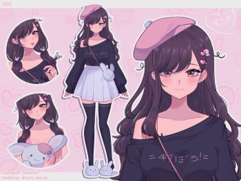 1girl artist_name beret black_shirt black_thighhighs blush breasts brown_eyes brown_hair closed_mouth clothes_writing collarbone commentary dated eyelashes hair_ornament hat heart heart_hair_ornament highres holding holding_stylus indie_virtual_youtuber kokomi_(aniesuakkaman) kokomi_(vtuber) long_hair multiple_views outline pink_background pink_hat rabbit_hair_ornament rabbit_slippers reference_sheet shirt single_bare_shoulder skirt slippers smile star_(symbol) stylus thighhighs twintails virtual_youtuber white_outline white_skirt white_slippers