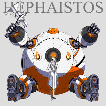 Rule 34 | 1boy, adjusting eyewear, axe, blue eyes, character name, fire, full body, glasses, greek mythology, grey background, hair over one eye, hand in pocket, hephaistos, highres, lab coat, looking at viewer, male focus, mecha danshi, orange hair, original, palow, prosthesis, prosthetic leg, robot, sitting, solo, orb