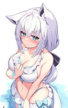1girl absurdres ahoge animal_ear_fluff animal_ears bikini blush braid breasts cleavage collarbone deaver fox_ears fox_girl fox_tail frilled_bikini frills from_above green_eyes hair_between_eyes hand_on_own_chest highres hololive large_breasts long_hair looking_at_viewer navel ribbon shirakami_fubuki sidelocks single_braid solo swimsuit tail virtual_youtuber wading white_bikini white_hair