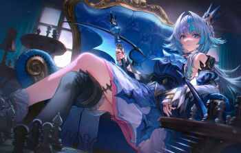 1girl absurdres ascot black_thighhighs blue_ascot blue_dress blue_eyes breasts cerydra_(honkai:_star_rail) chess_piece chessboard closed_mouth commentary couch crossed_legs crown detached_sleeves dress hair_intakes highres holding holding_scepter honkai:_star_rail honkai_(series) indoors jewelry long_hair long_sleeves looking_at_viewer mini_crown modatan multiple_rings on_couch ring scepter single_thighhigh sitting sleeveless sleeveless_dress solo thighhighs white_hair wings